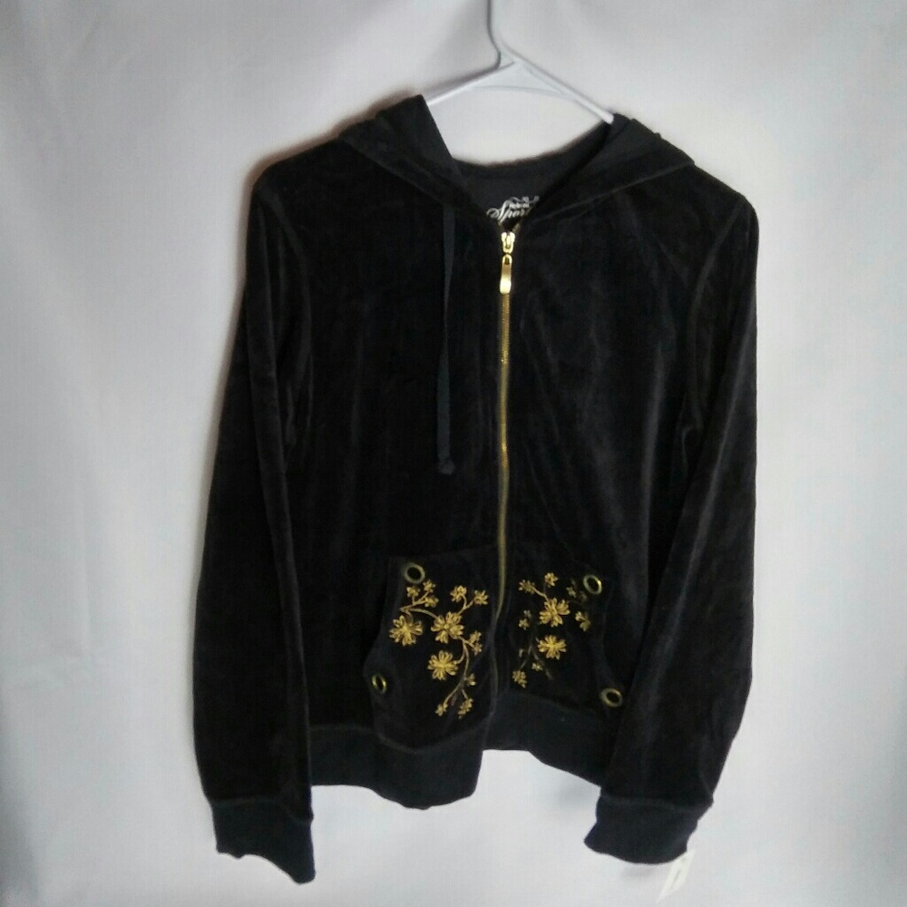 Style & Co Black Plush Gold Floral Hoodie L NWT